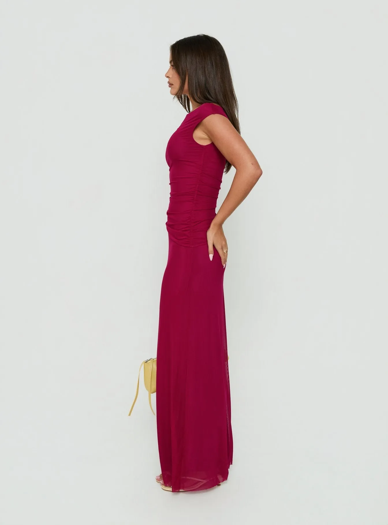Krystyna Off Shoulder Ruched Mesh Maxi Dress Berry sold by Princess Polly product image thumbnail 3
