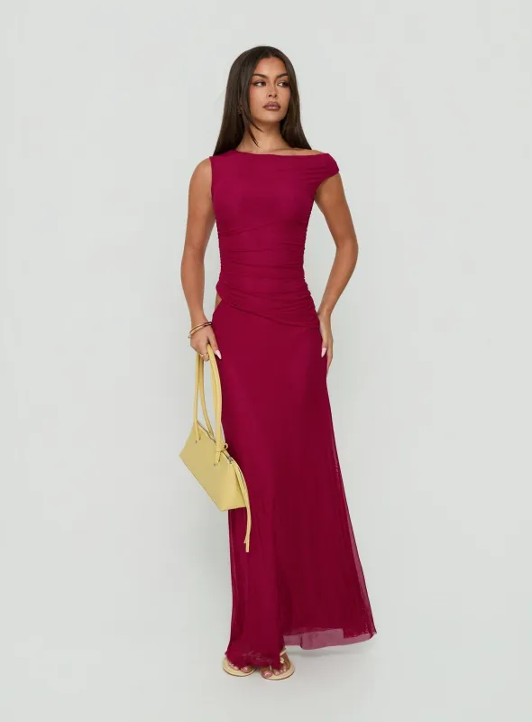 Krystyna Off Shoulder Ruched Mesh Maxi Dress Berry made by Princess Polly