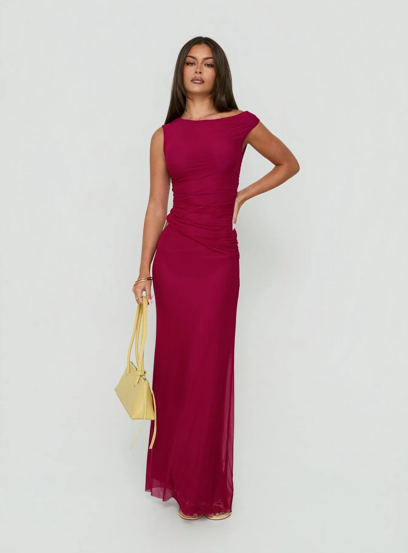 Krystyna Off Shoulder Ruched Mesh Maxi Dress Berry sold by Princess Polly product image thumbnail 2