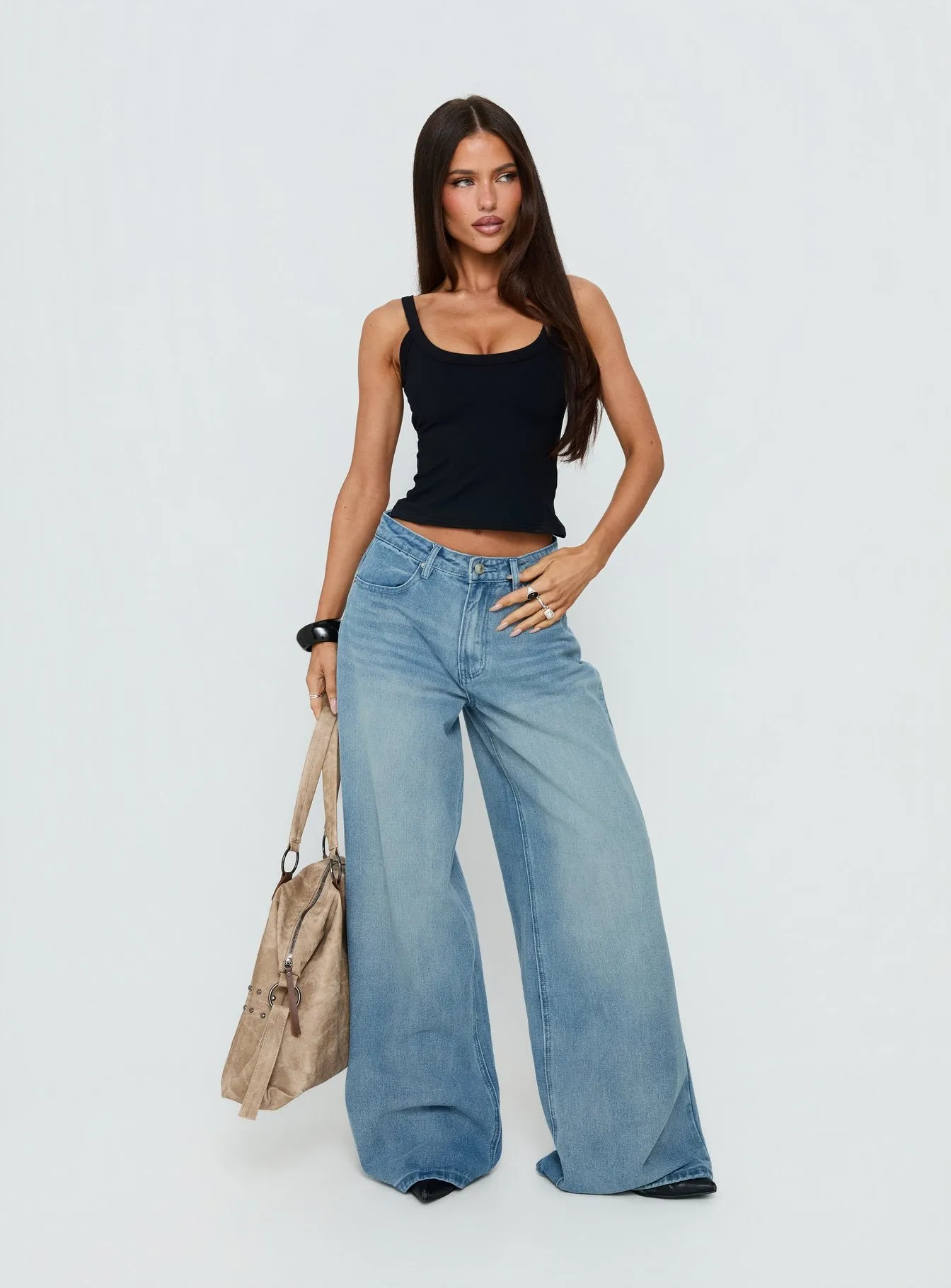 Naylor Mid Rise Wide Leg Jeans Light Wash Denim Light Blue Wash Petite sold by Princess Polly product image thumbnail 3