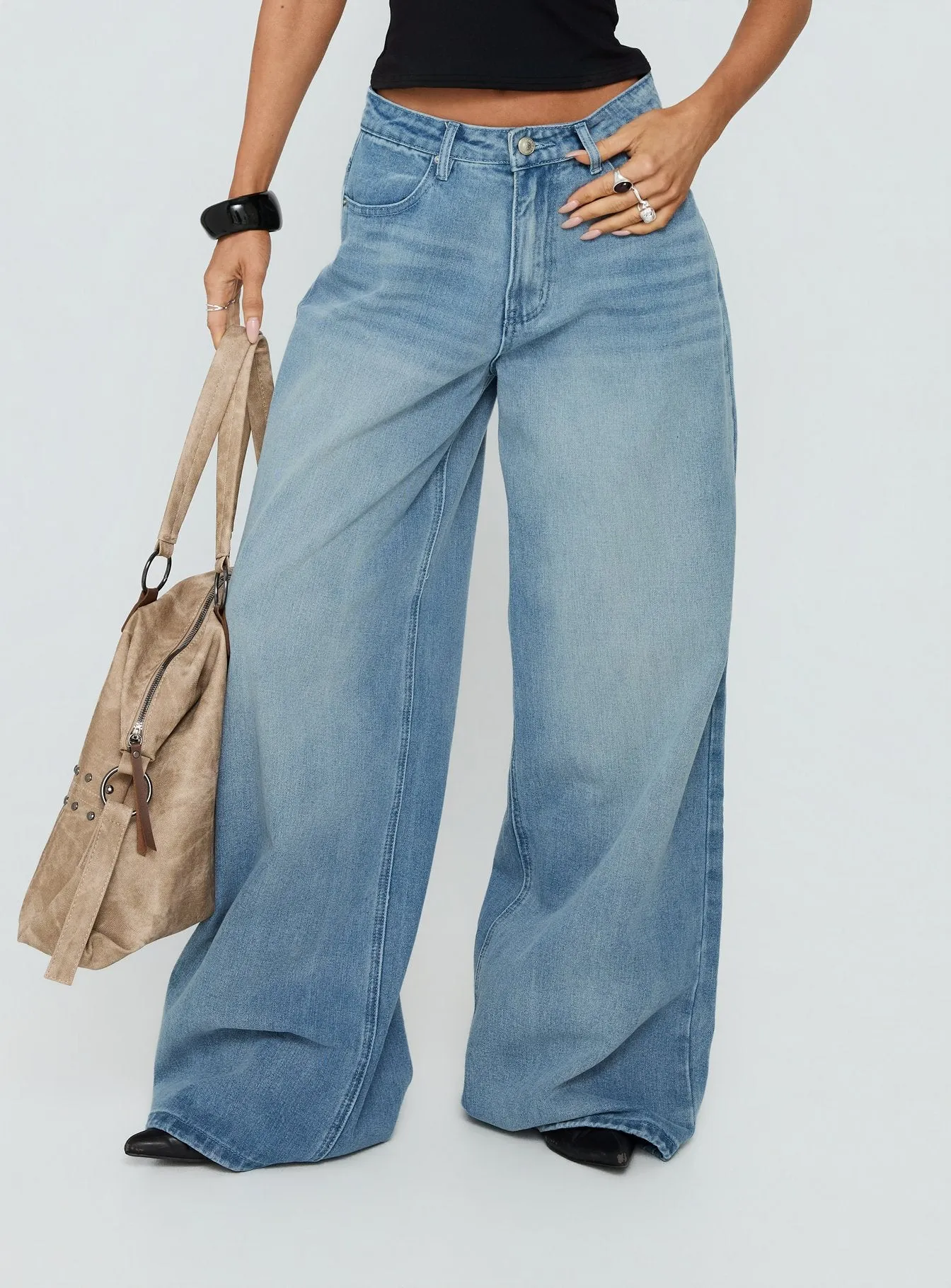 Naylor Mid Rise Wide Leg Jeans Light Wash Denim Light Blue Wash Petite sold by Princess Polly product image thumbnail 2