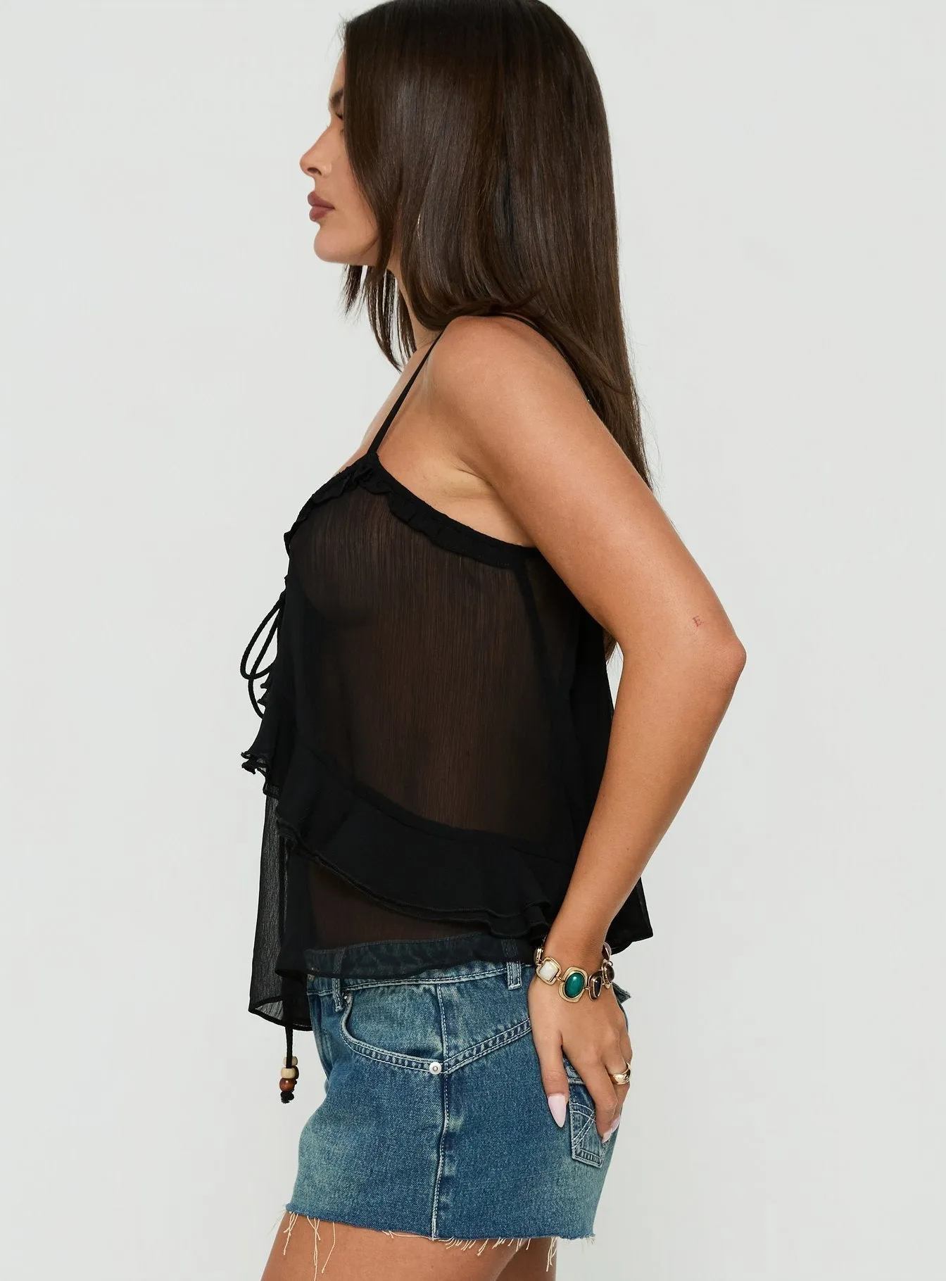 Skinny Dipping Ruffle Sheer Top Black sold by Princess Polly product image thumbnail 3