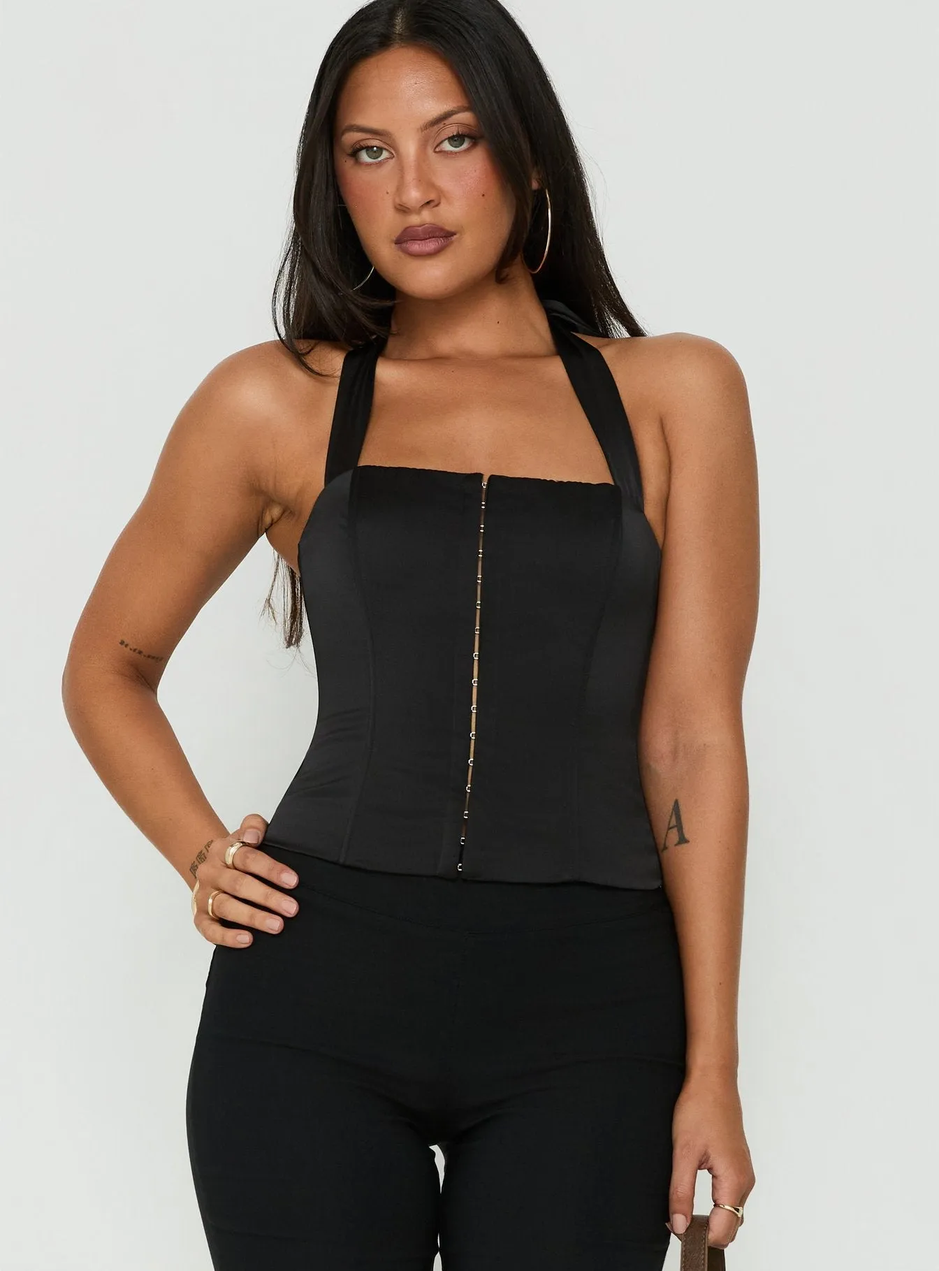 Gabriela Satin Halter Corset Top Black sold by Princess Polly