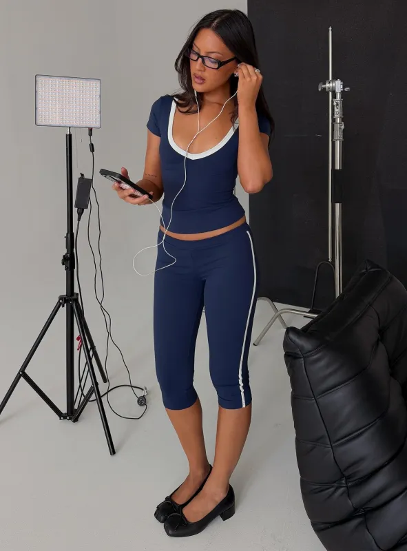 Rowanna Sporty Capri Pants Navy / Cream made by Princess Polly