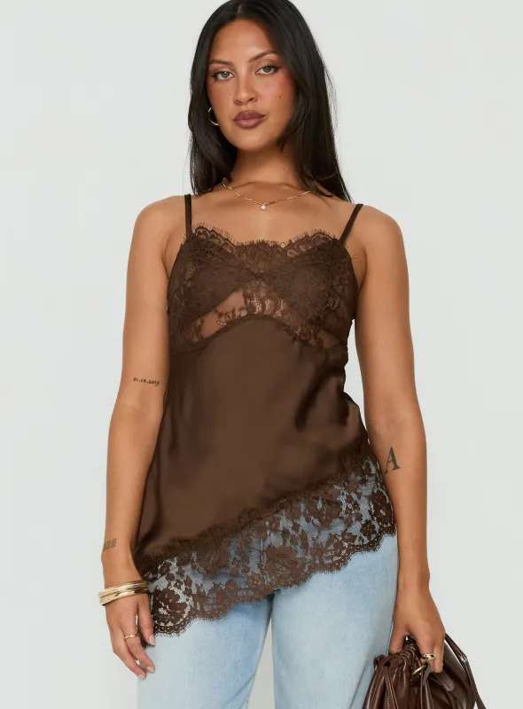 Cleosa Asymmetrical Lace Trim Satin Top Chocolate made by Princess Polly