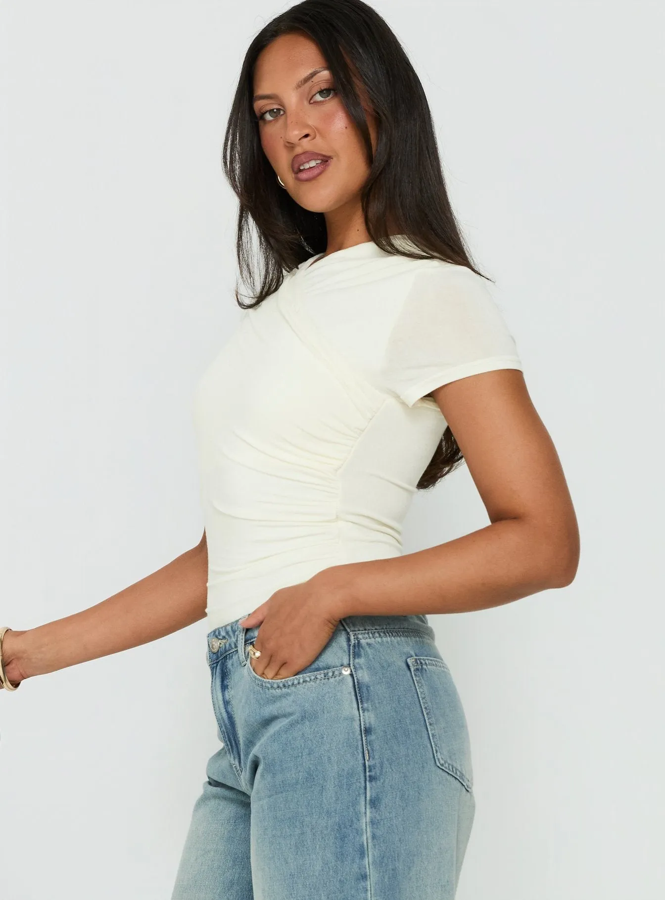 Odettea Cross Front Short Sleeve Bodysuit Cream sold by Princess Polly product image thumbnail 4