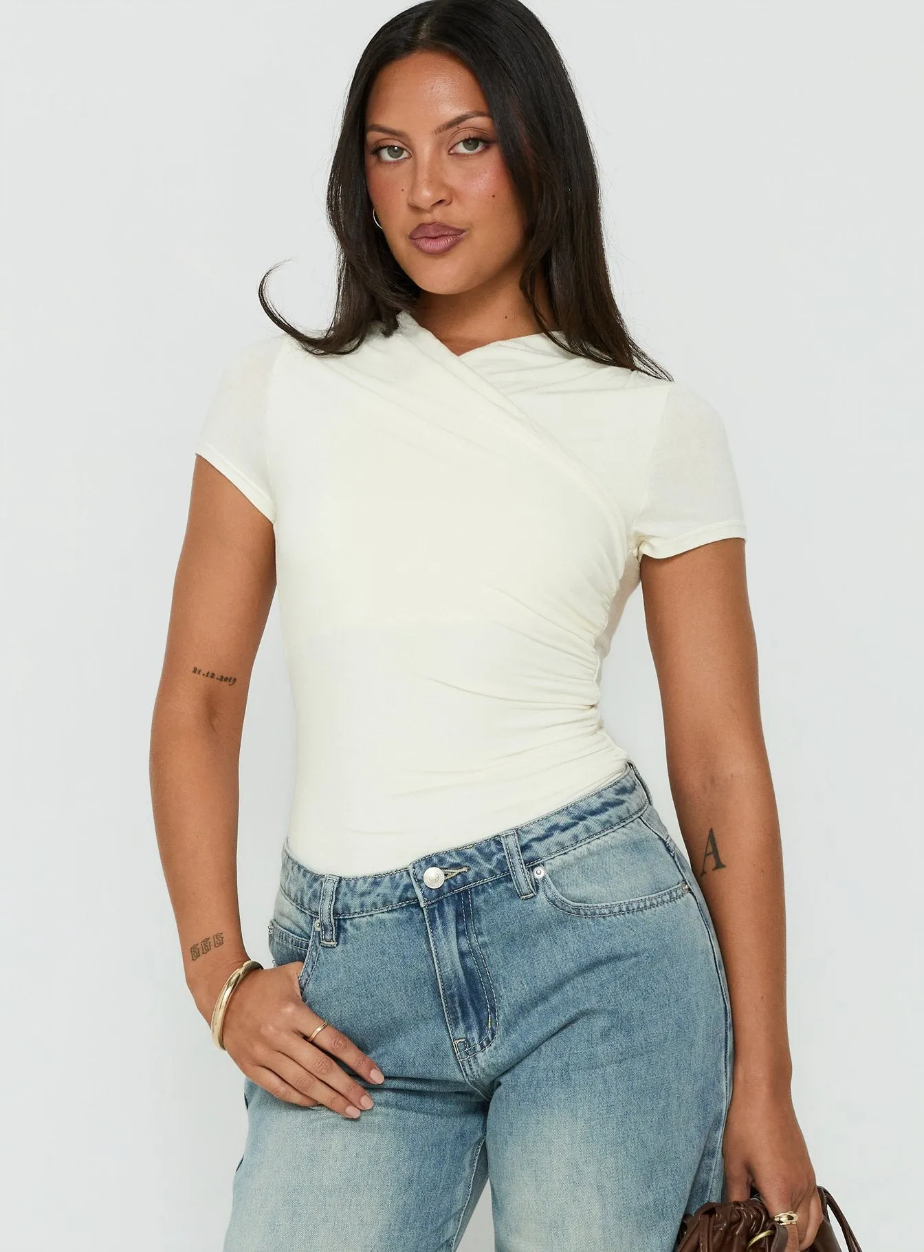 Odettea Cross Front Short Sleeve Bodysuit Cream sold by Princess Polly product image thumbnail 2