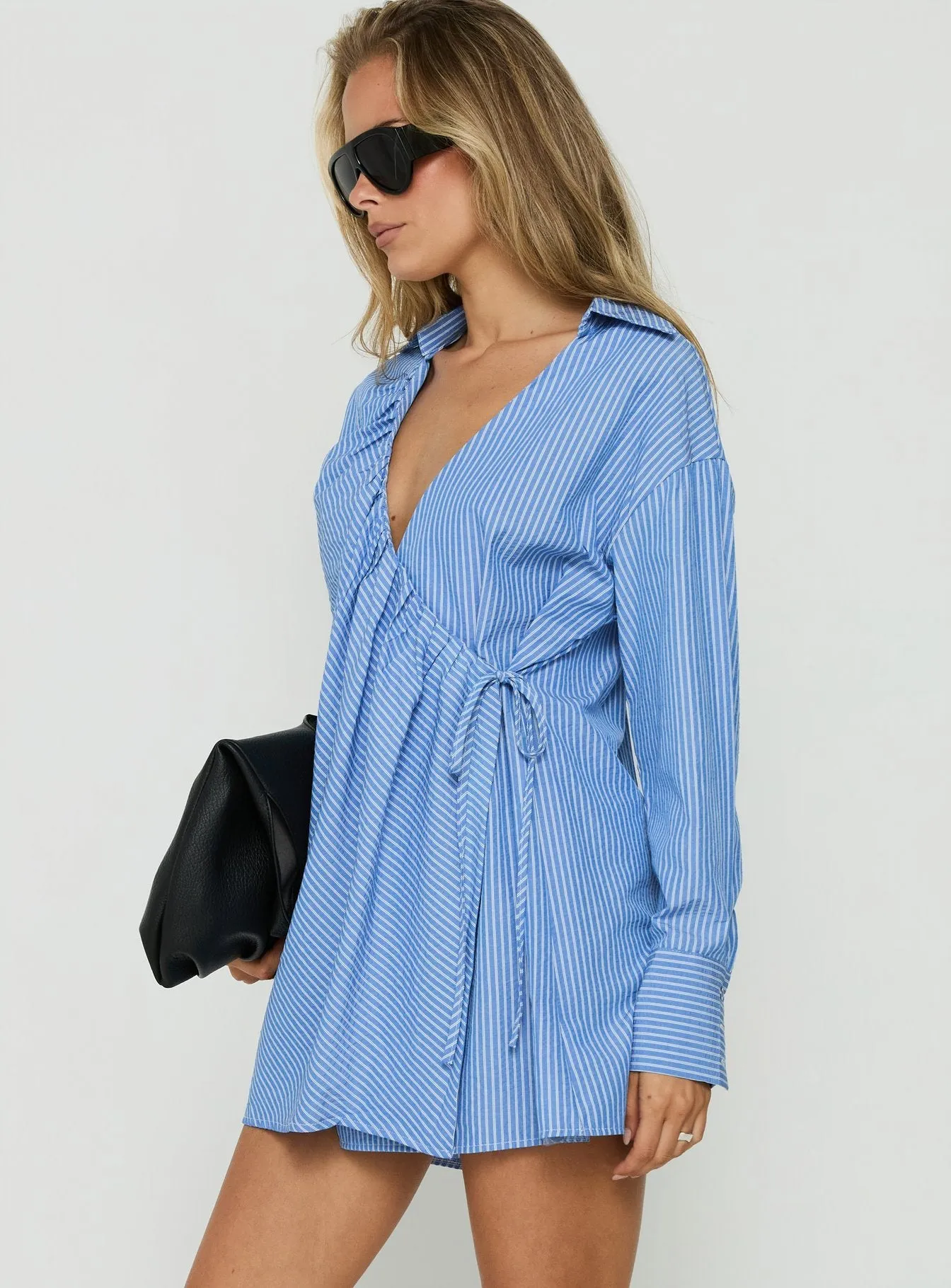 Onami Wrap Long Sleeve Mini Dress Blue Stripe sold by Princess Polly product image thumbnail 3