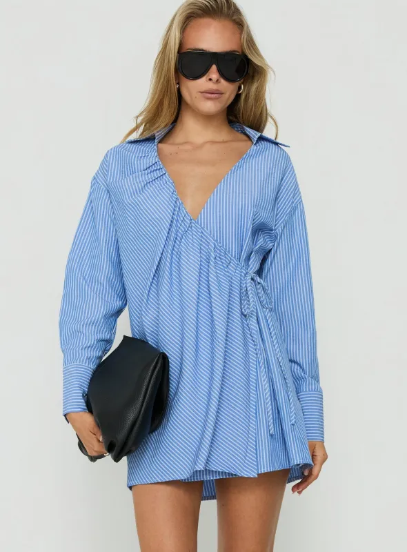 Onami Wrap Long Sleeve Mini Dress Blue Stripe made by Princess Polly