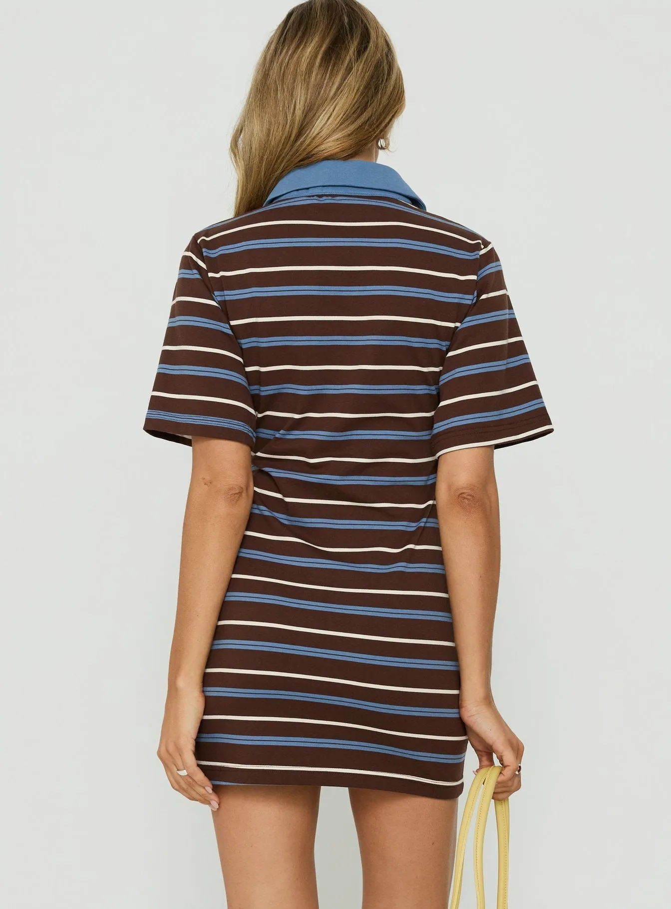 Klare Polo V Neck Mini Dress Chocolate Stripe sold by Princess Polly product image thumbnail 4