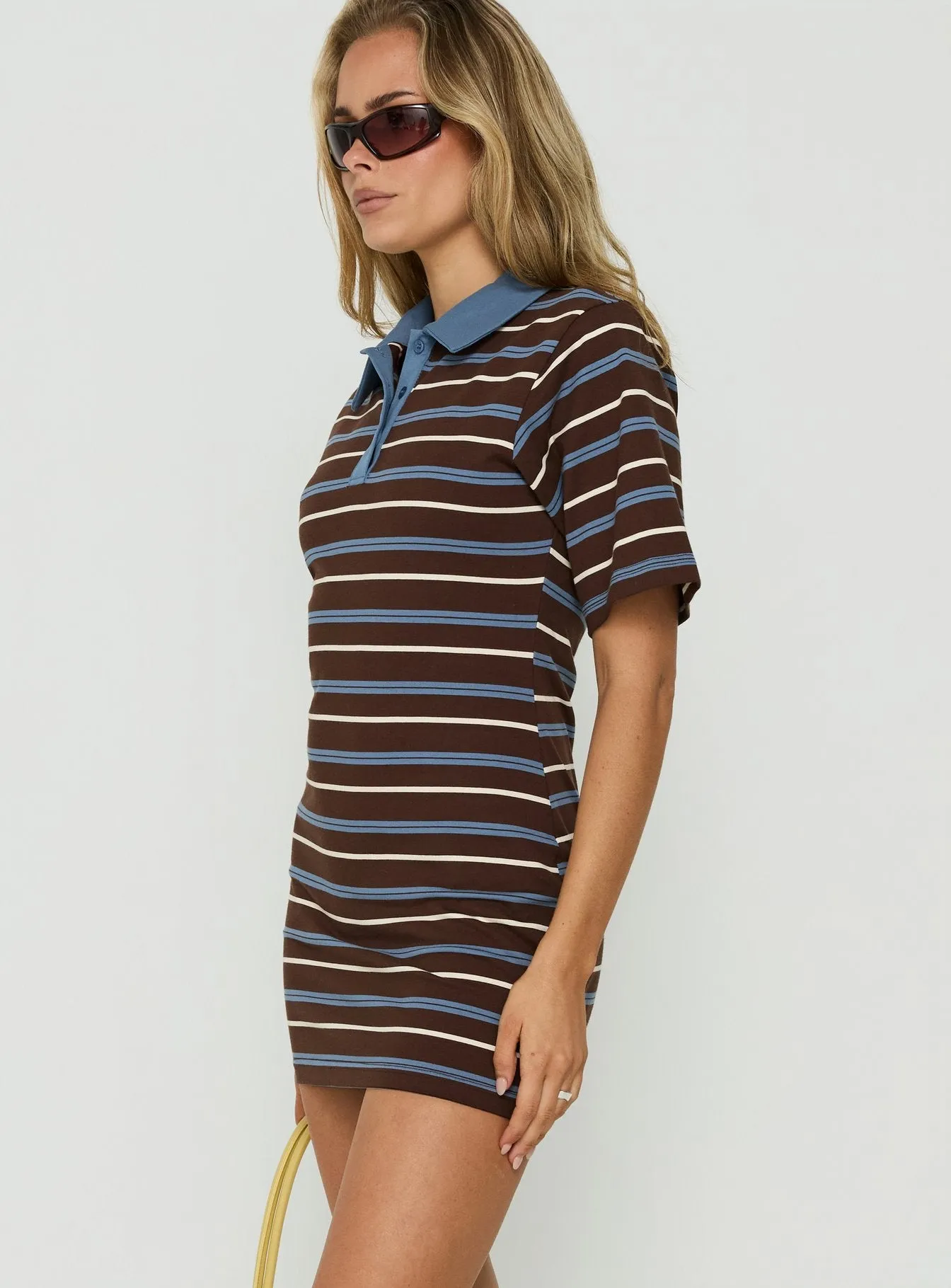 Klare Polo V Neck Mini Dress Chocolate Stripe sold by Princess Polly product image thumbnail 3