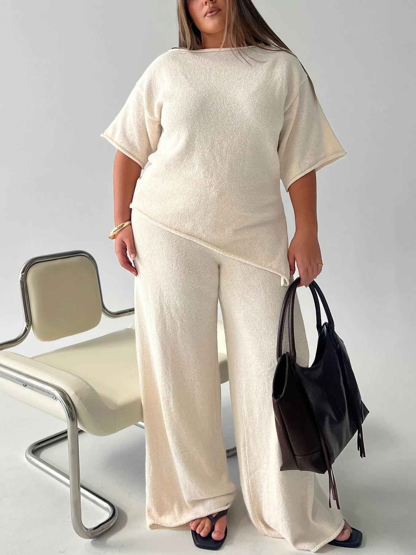 Calisse Knit Wide Leg Pants Beige Curve sold by Princess Polly