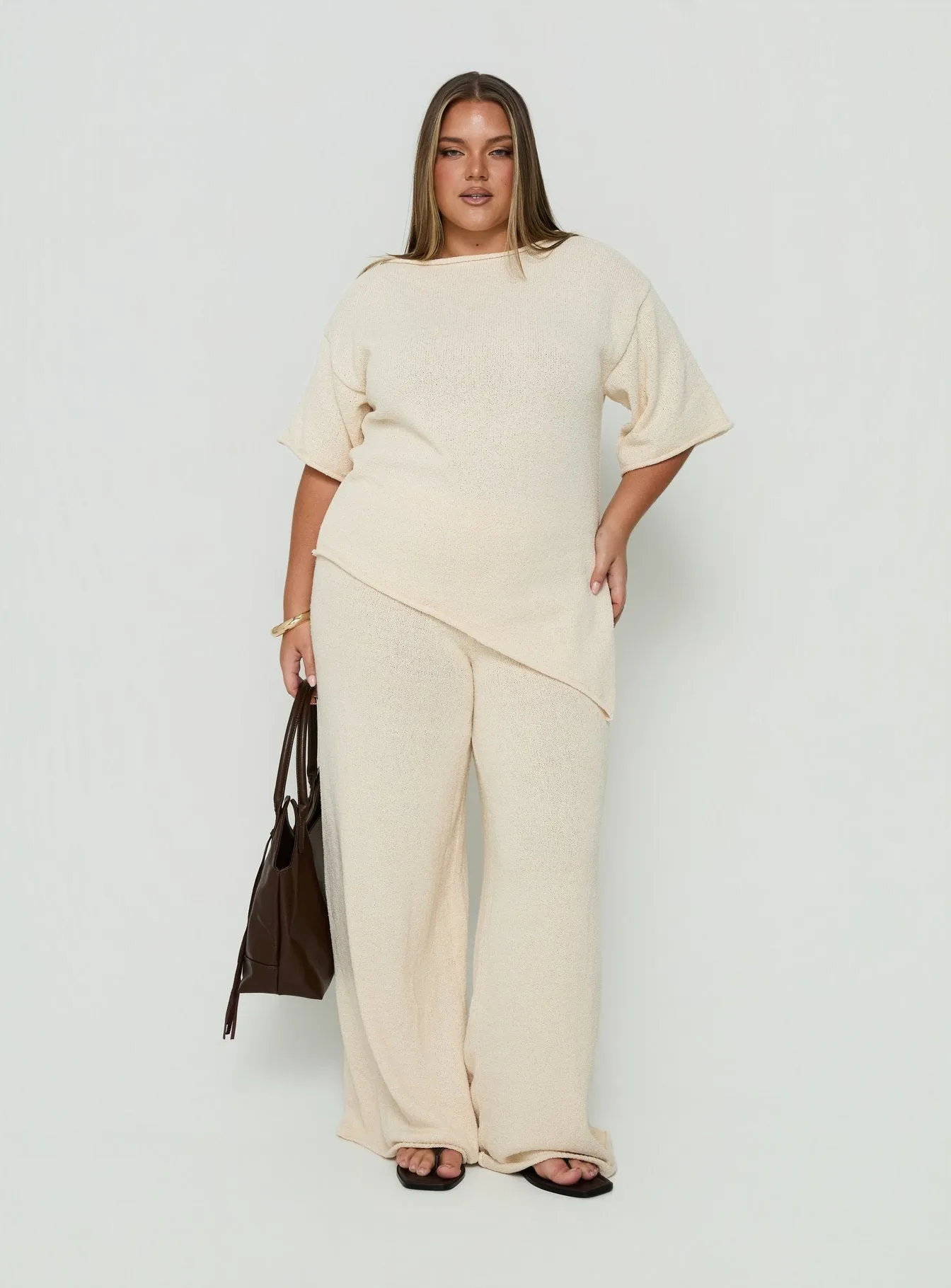 Calisse Knit Wide Leg Pants Beige Curve sold by Princess Polly product image thumbnail 3