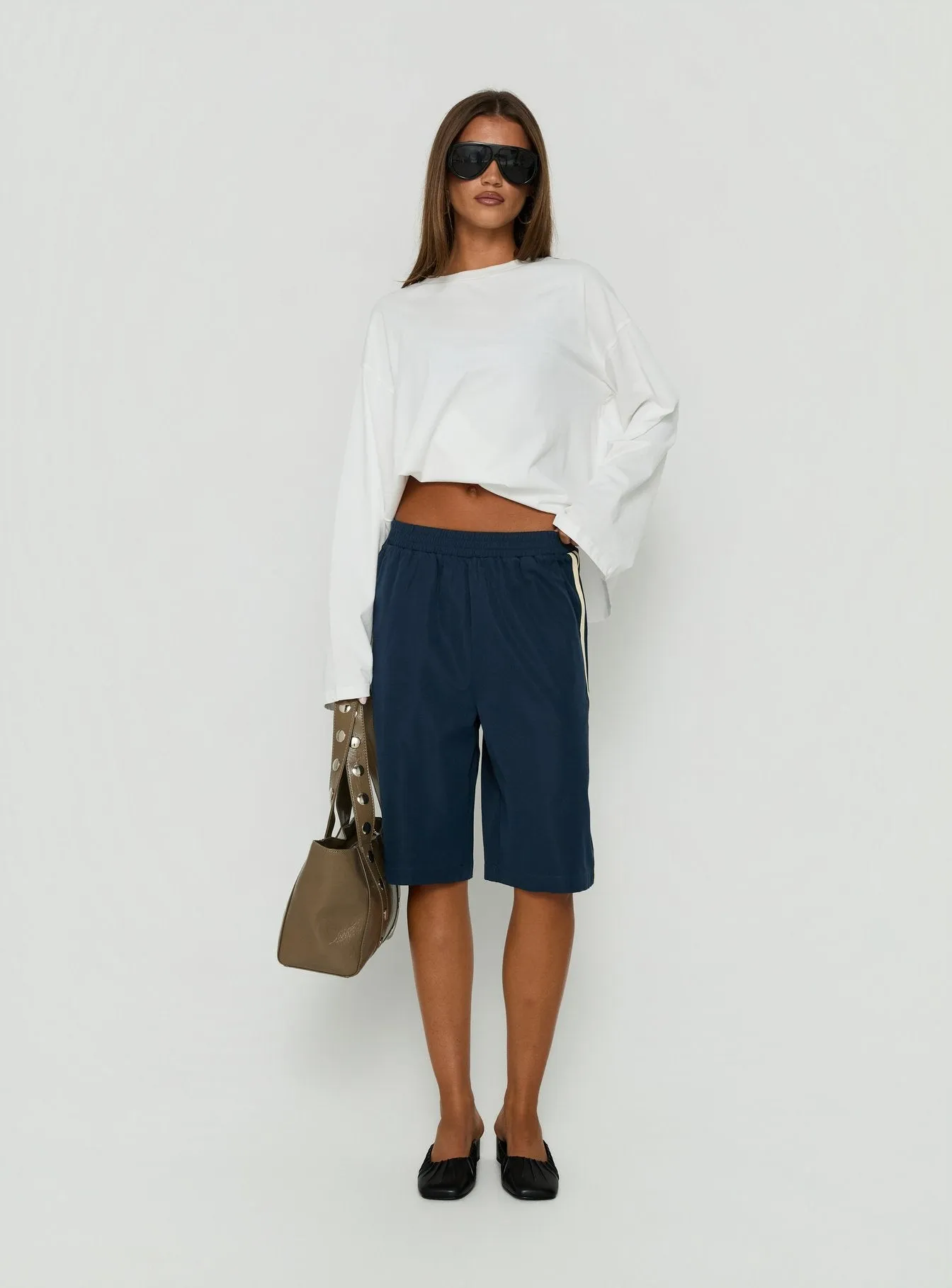 Boe Longline Track Shorts Navy / Yellow sold by Princess Polly product image thumbnail 3