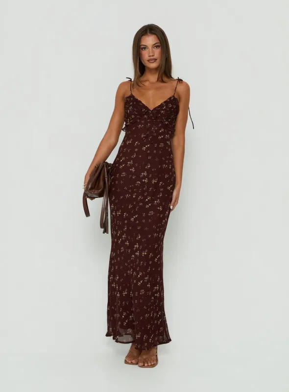 Morcar Frill V Neck Maxi Dress Brown / Yellow Floral made by Princess Polly