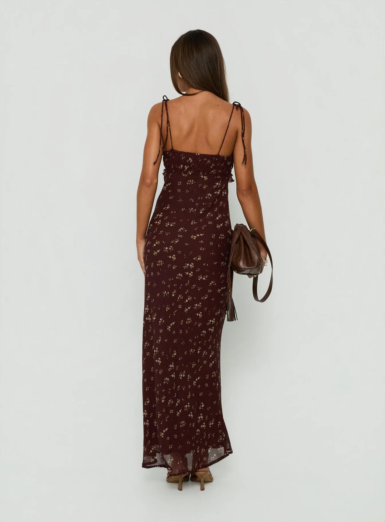 Morcar Frill V Neck Maxi Dress Brown / Yellow Floral sold by Princess Polly product image thumbnail 4