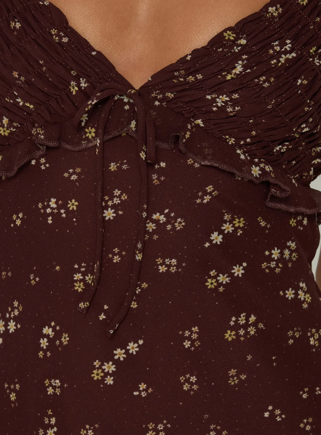 Morcar Frill V Neck Maxi Dress Brown / Yellow Floral sold by Princess Polly product image thumbnail 5