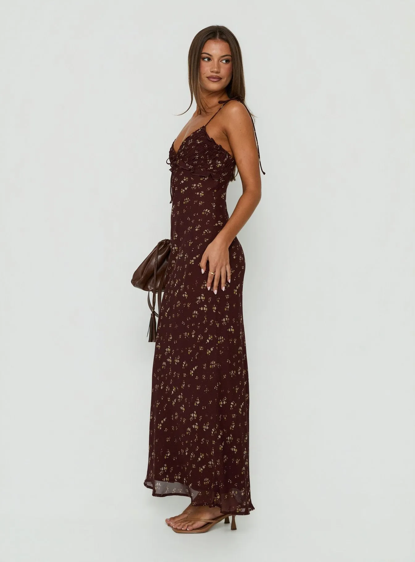 Morcar Frill V Neck Maxi Dress Brown / Yellow Floral sold by Princess Polly product image thumbnail 3