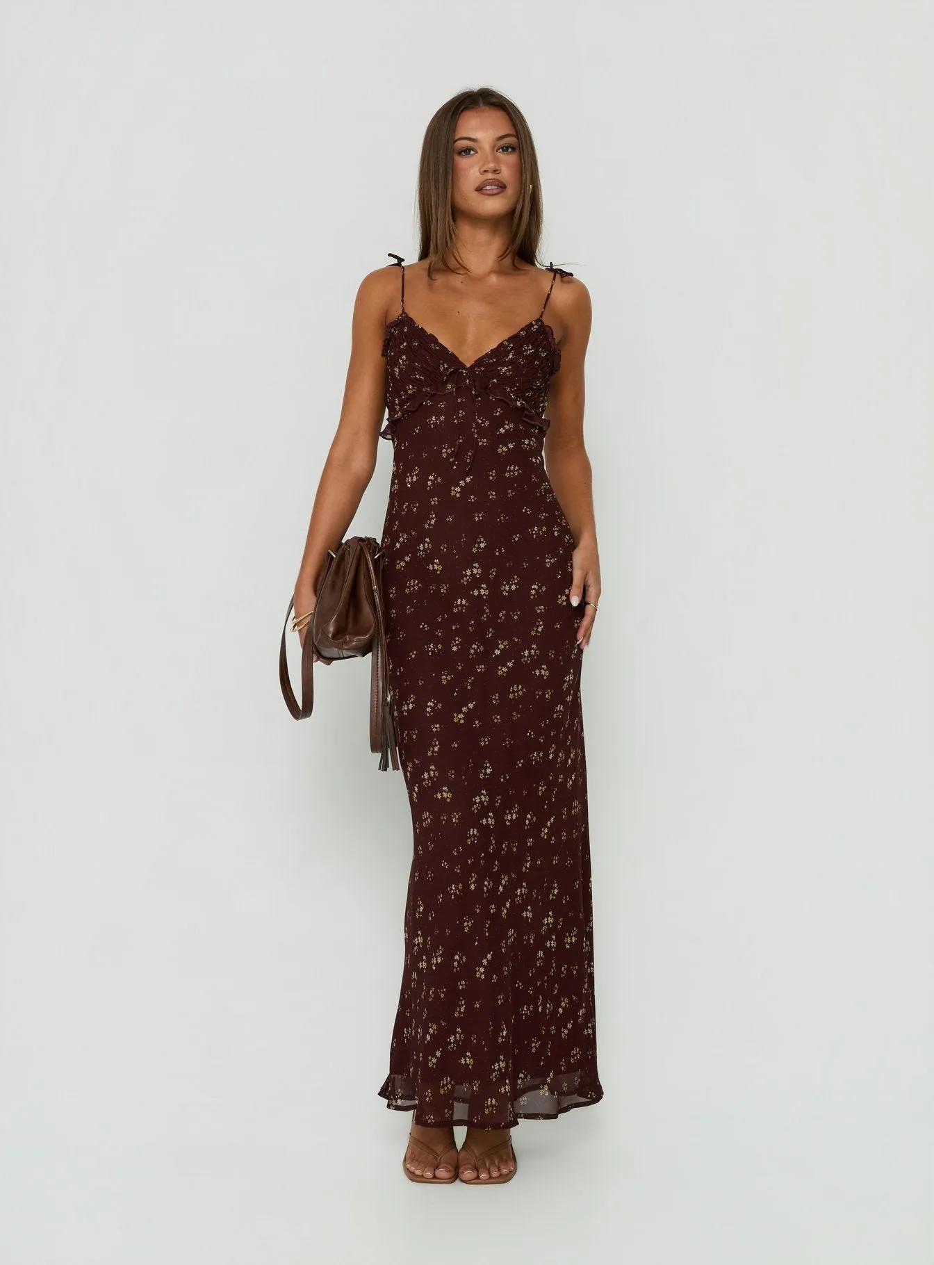Morcar Frill V Neck Maxi Dress Brown / Yellow Floral sold by Princess Polly product image thumbnail 2