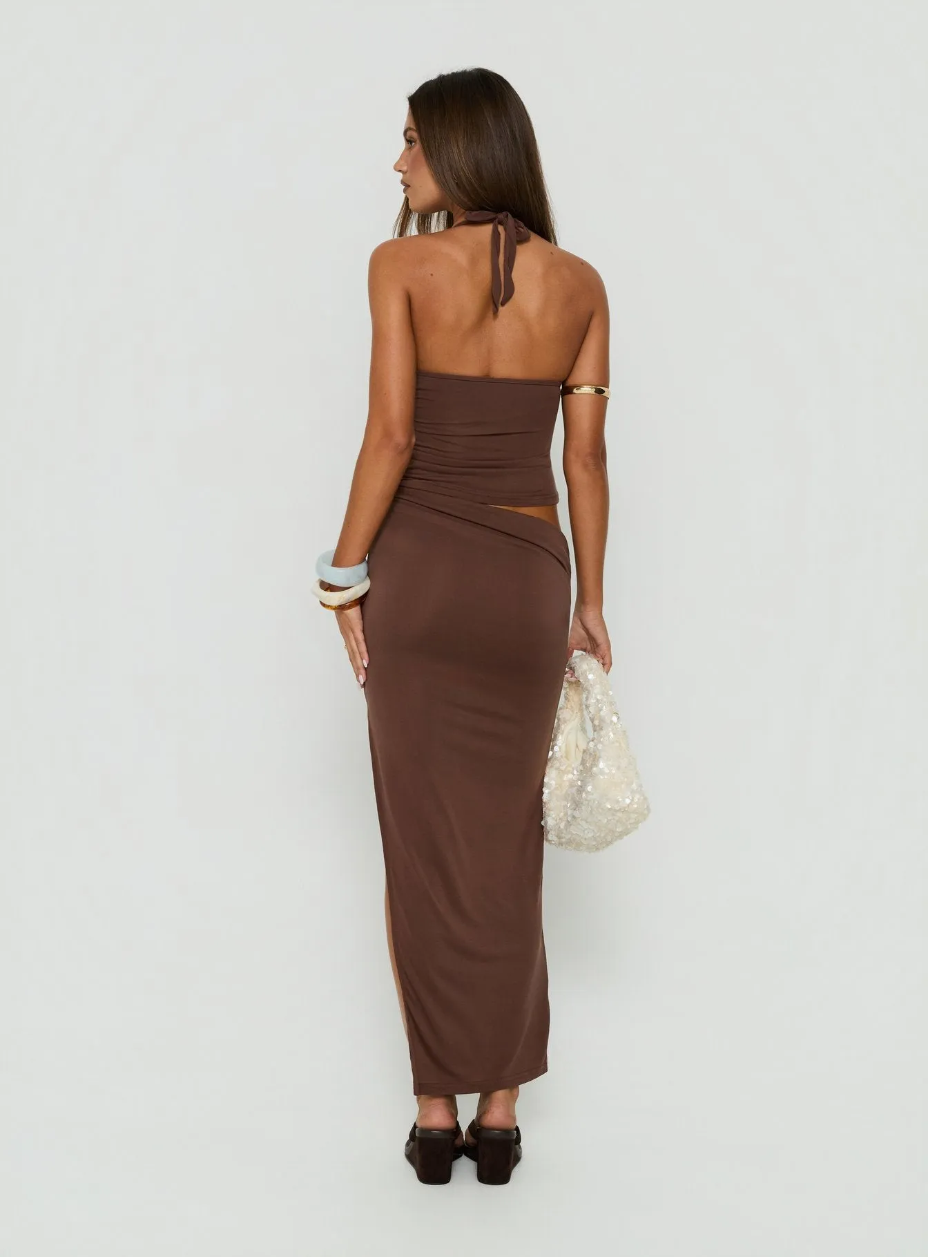 Imeraldia Hardware Halter Maxi Dress Chocolate sold by Princess Polly product image thumbnail 4