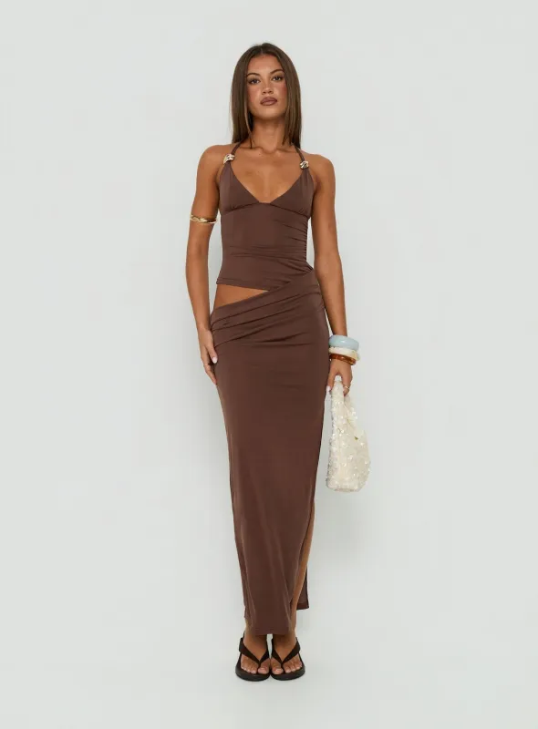 Imeraldia Hardware Halter Maxi Dress Chocolate made by Princess Polly