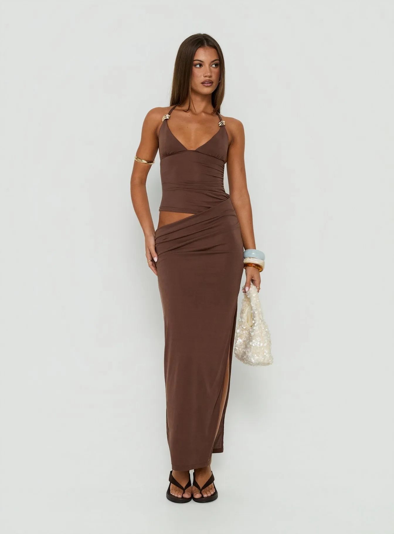 Imeraldia Hardware Halter Maxi Dress Chocolate sold by Princess Polly product image thumbnail 2
