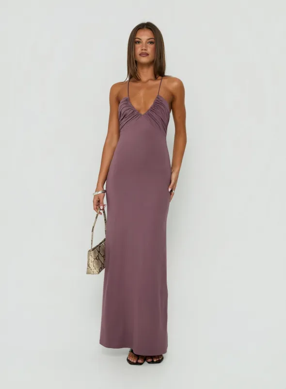 Esolda Ruched Low Back Maxi Dress Dusty Mauve made by Princess Polly