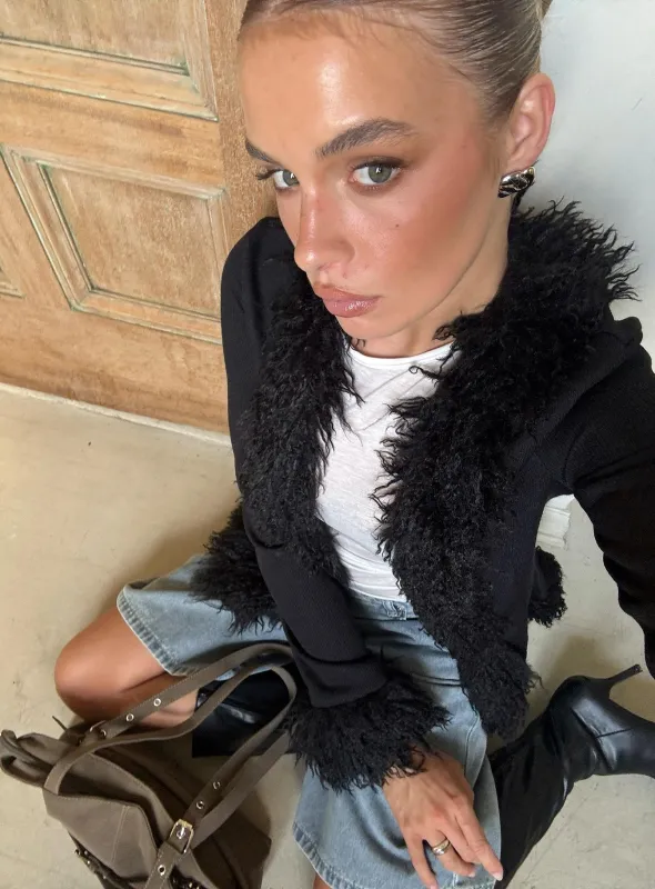 Brynlie Faux Fur Trim Boxy Cardigan Black made by Princess Polly