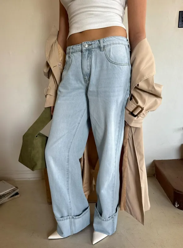Ezia Wide Cuff Baggy Jeans Light Blue Wash made by Princess Polly