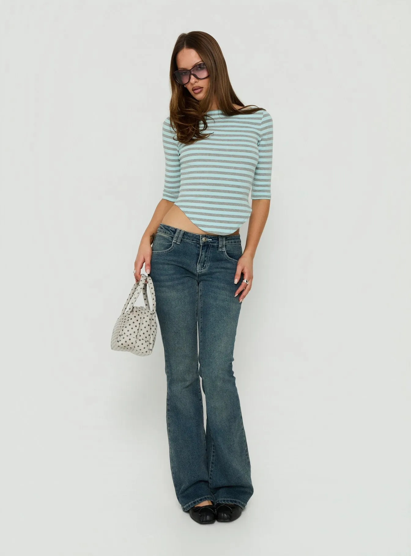 Cecielea Scooped Hem 3/4 Sleeve Top Blue / Grey Stripe sold by Princess Polly product image thumbnail 3
