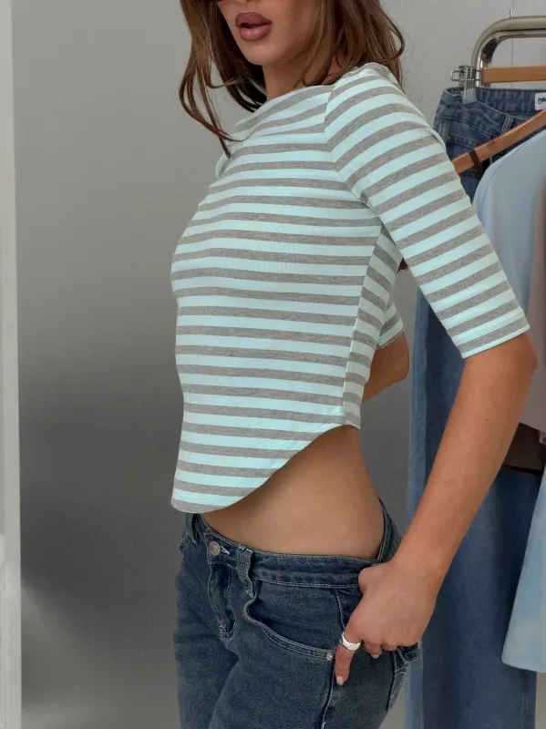 Cecielea Scooped Hem 3/4 Sleeve Top Blue / Grey Stripe made by Princess Polly