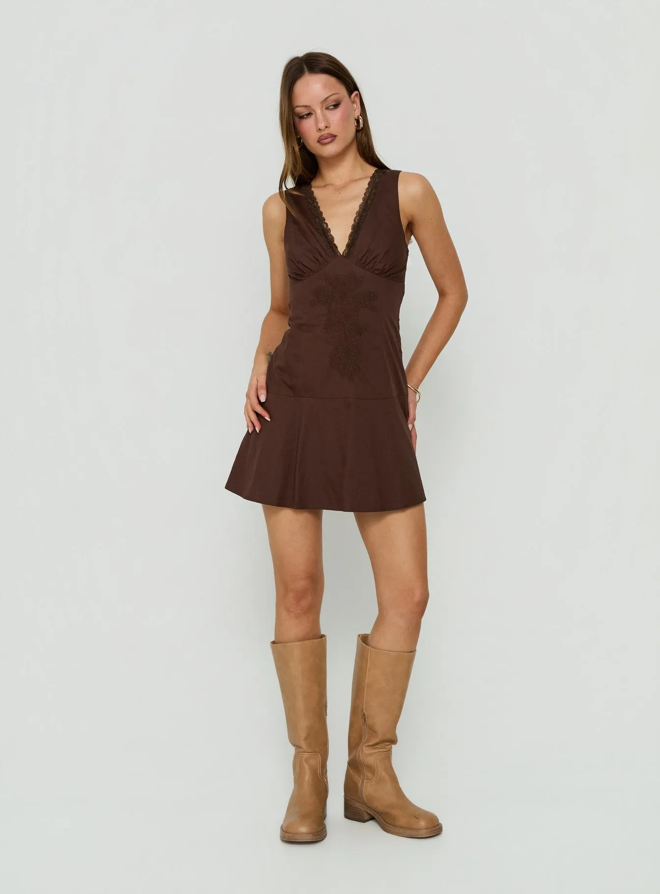 Splashy Lace Trim Mini Dress Chocolate sold by Princess Polly product image thumbnail 2