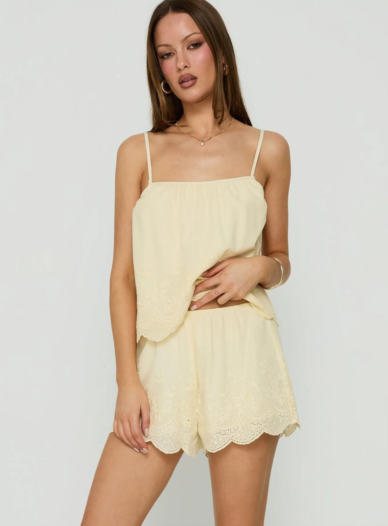 Madison Avenue Embroidered Detail Shorts Yellow sold by Princess Polly