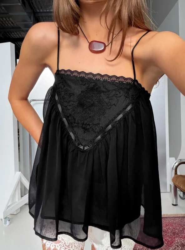 Evaina Lace Trim Flowy Top Black made by Princess Polly