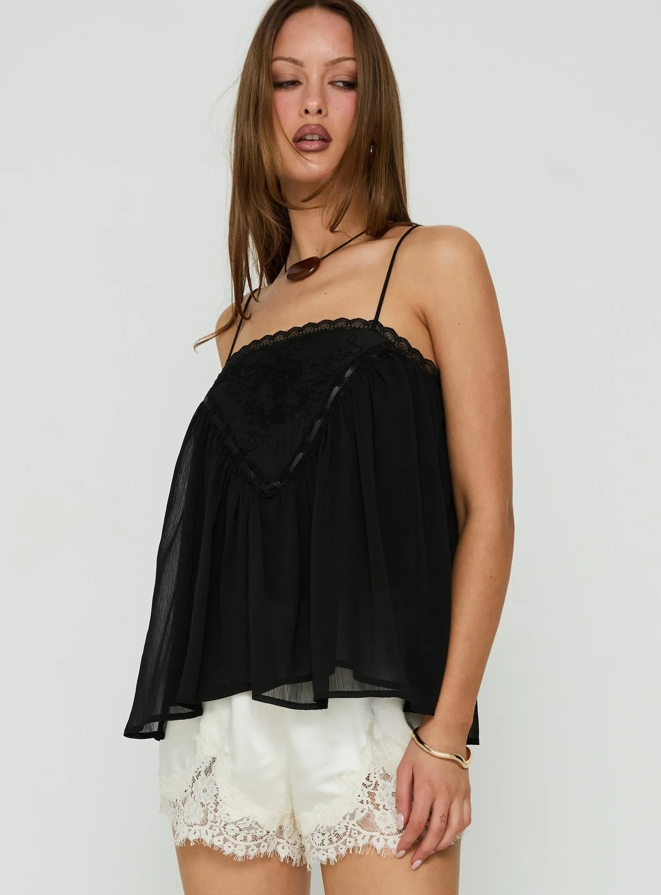 Evaina Lace Trim Flowy Top Black sold by Princess Polly product image thumbnail 4