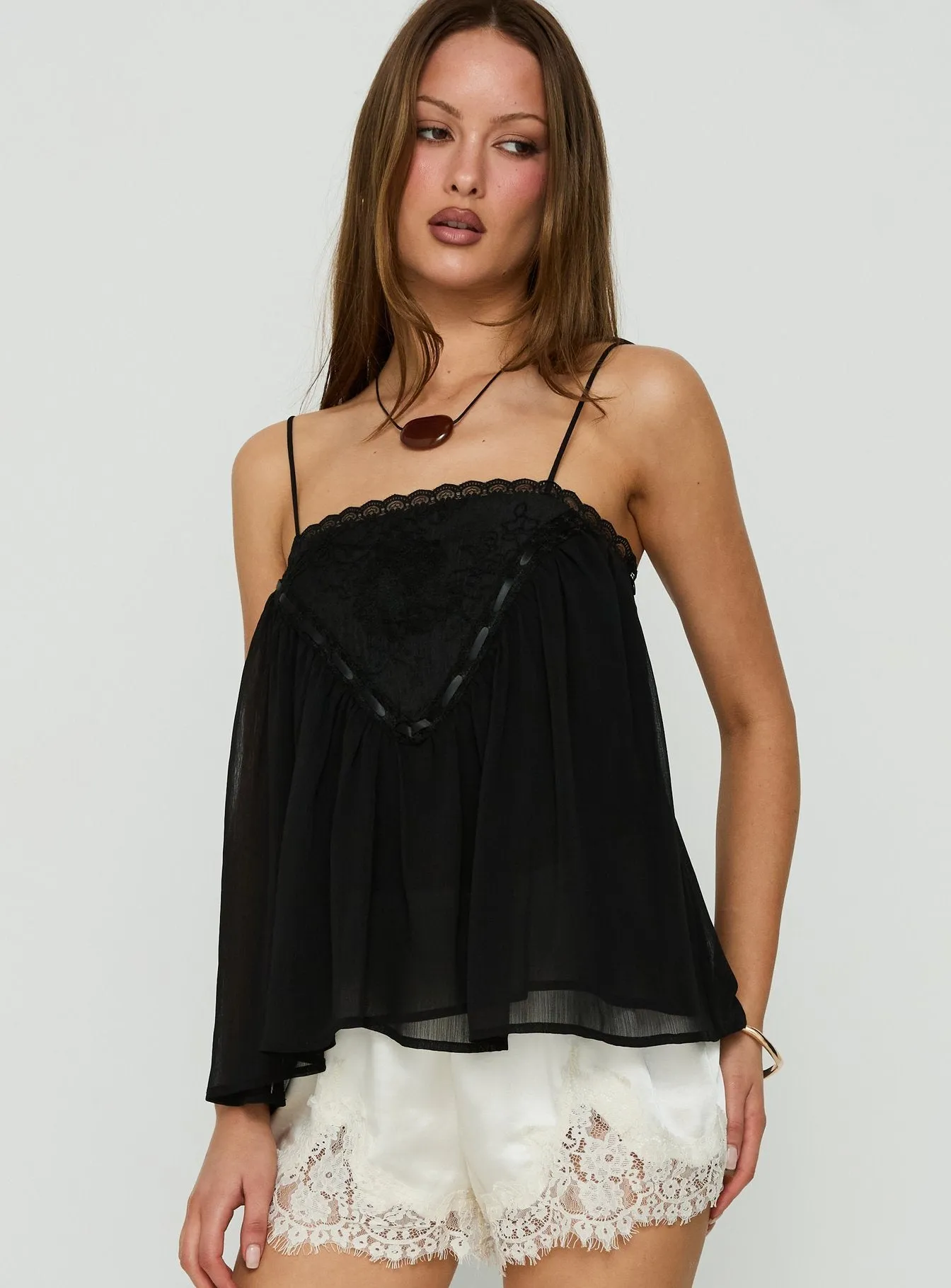 Evaina Lace Trim Flowy Top Black sold by Princess Polly product image thumbnail 2