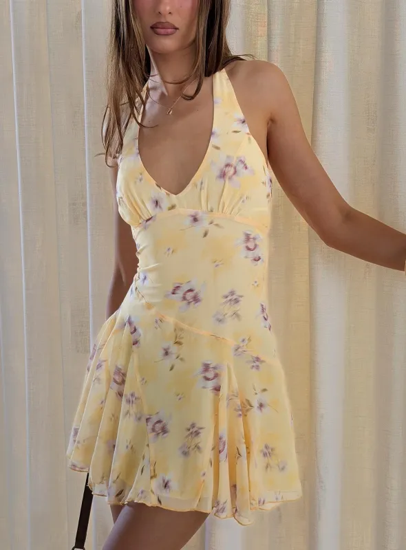 Isidorah Halter Pleat Mini Dress Blurred Yellow Floral made by Princess Polly