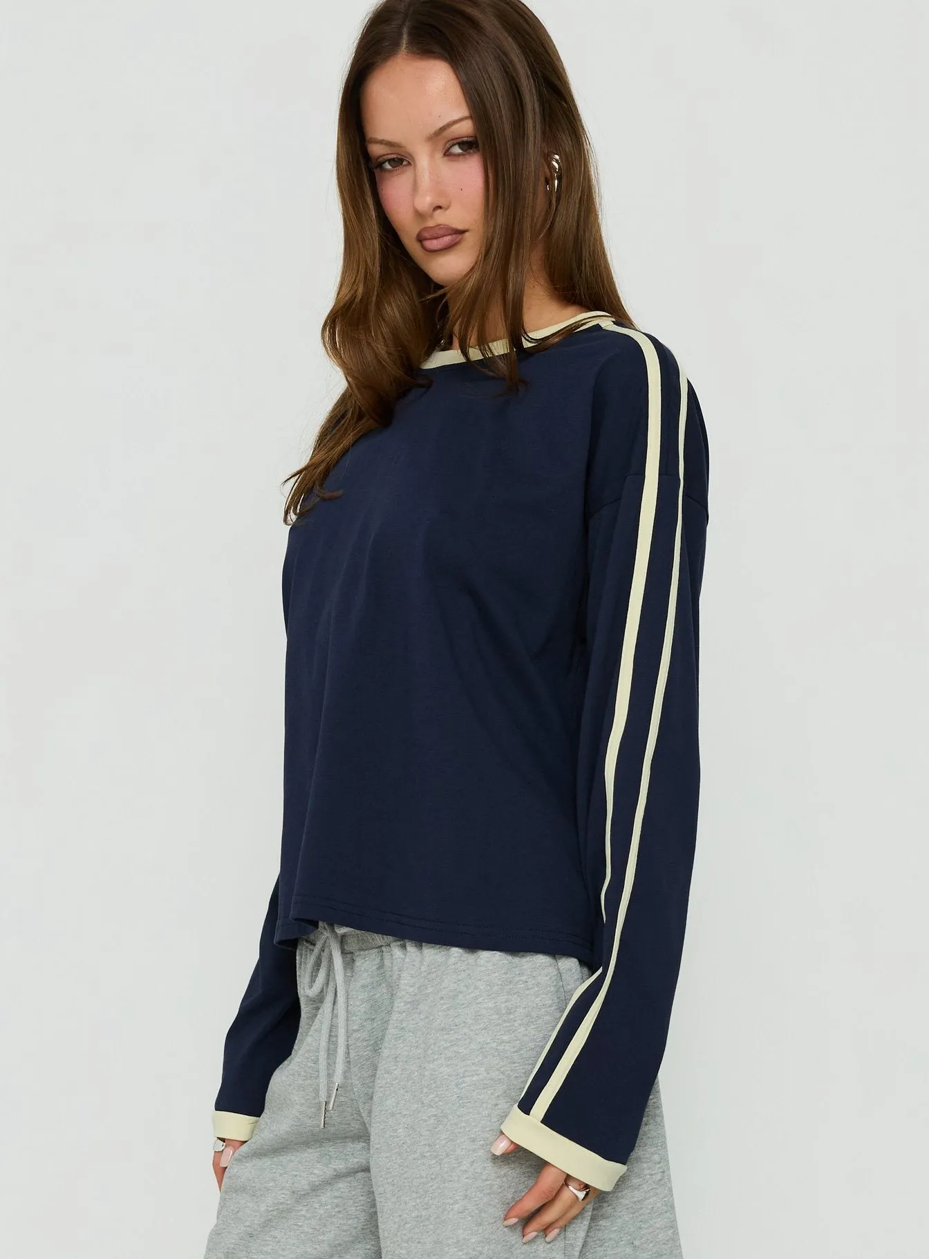 Settle Down Long Sleeve Contrast Top Navy / Yellow Stripe sold by Princess Polly product image thumbnail 4