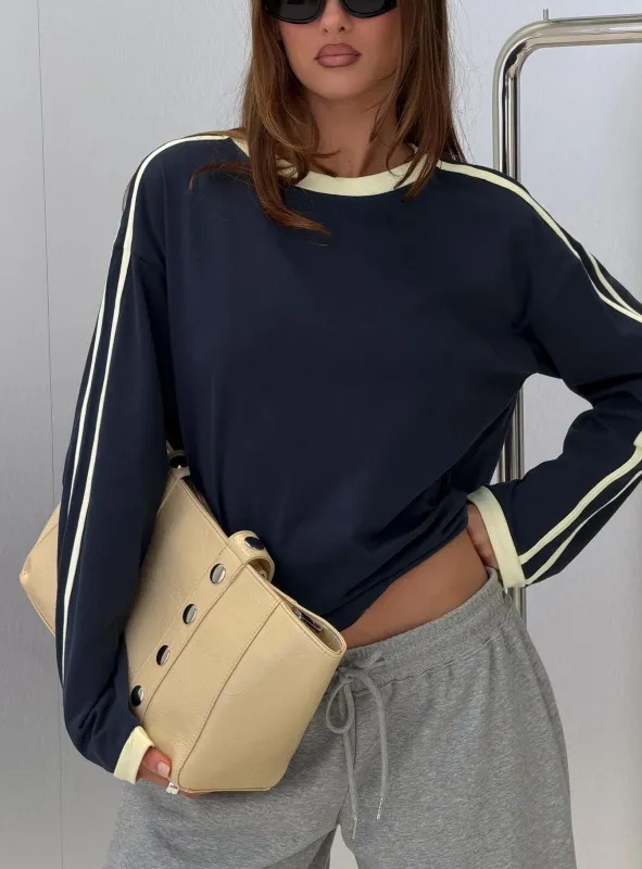 Settle Down Long Sleeve Contrast Top Navy / Yellow Stripe made by Princess Polly