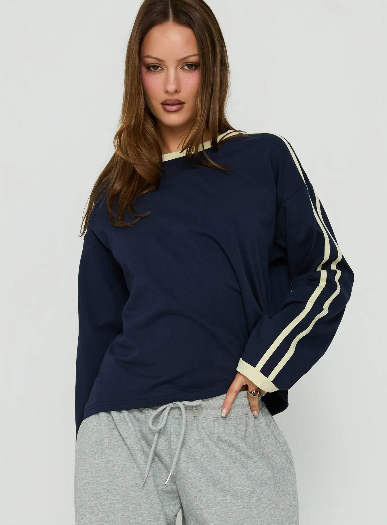 Settle Down Long Sleeve Contrast Top Navy / Yellow Stripe sold by Princess Polly product image thumbnail 2