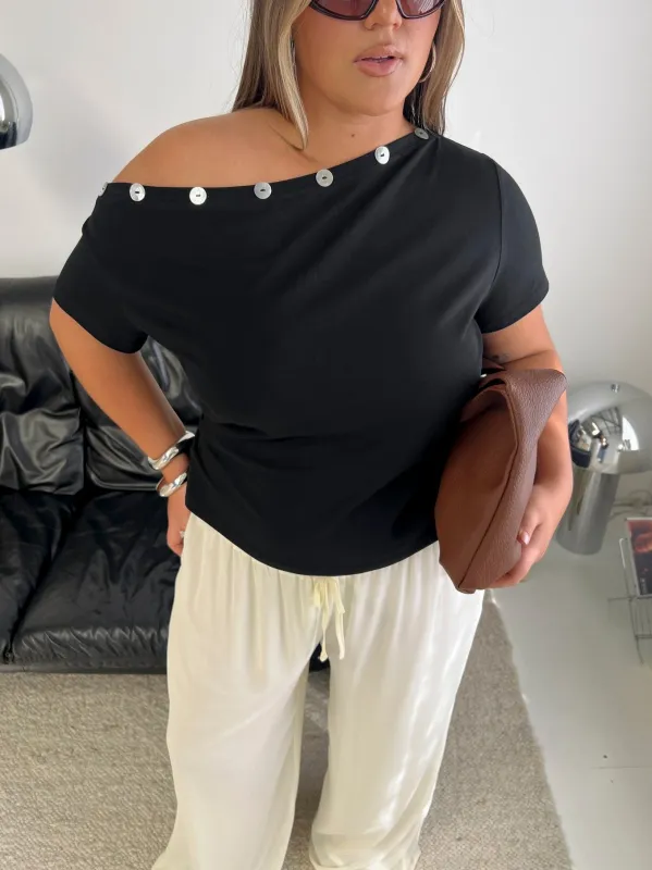 Dalten Off Shoulder Button Detail Top Black Curve made by Princess Polly