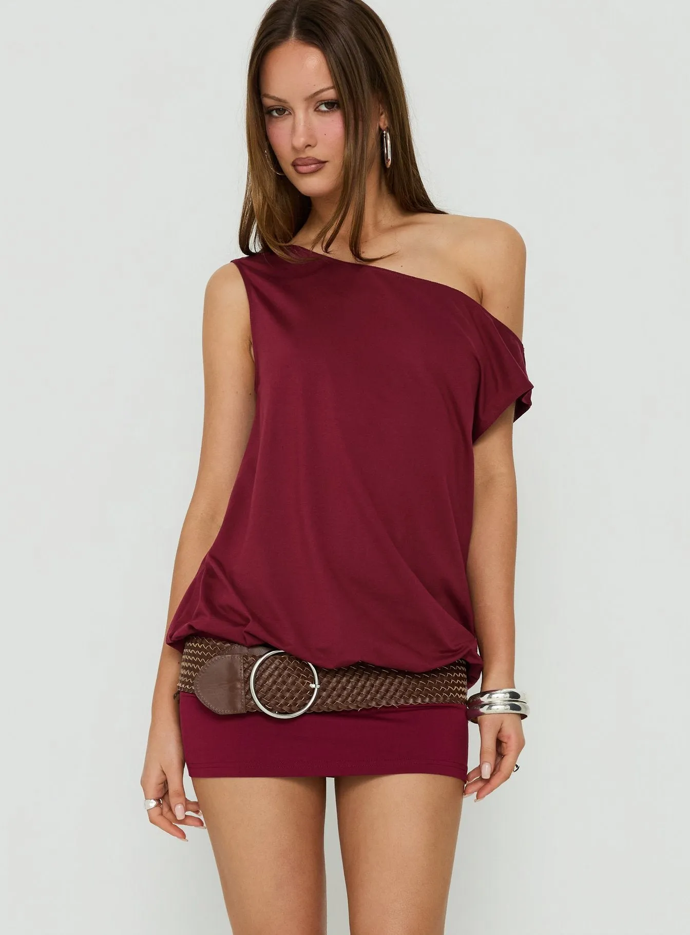 Ellah One Shoulder Drapey Mini Dress Wine sold by Princess Polly