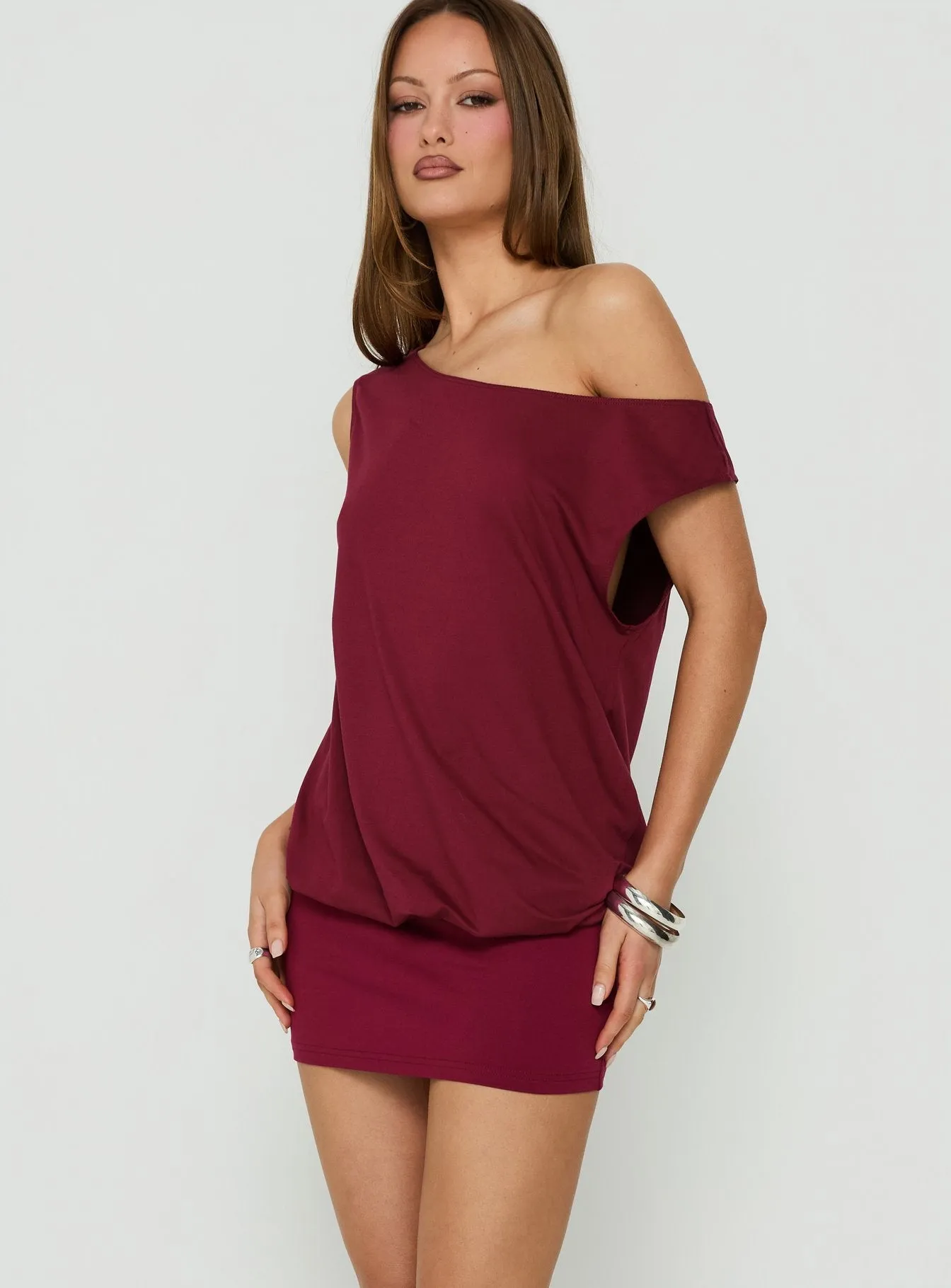 Ellah One Shoulder Drapey Mini Dress Wine sold by Princess Polly product image thumbnail 3