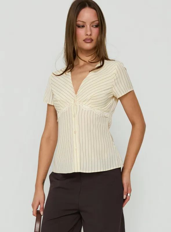 Maybella Short Sleeve Lace Detail Top Cream Stripe made by Princess Polly