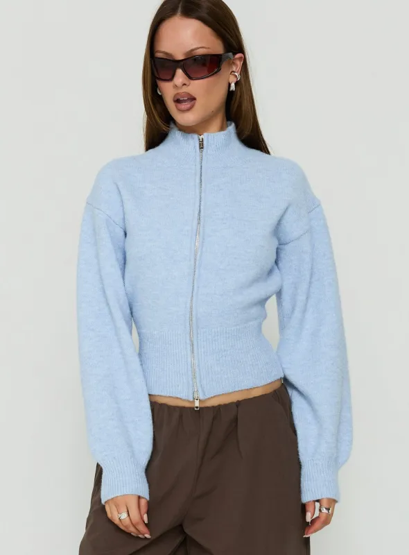 Agneta Zip Through Funnel Neck Sweater Blue made by Princess Polly