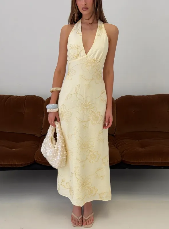Luisella Halter Midi Dress Yellow Floral made by Princess Polly