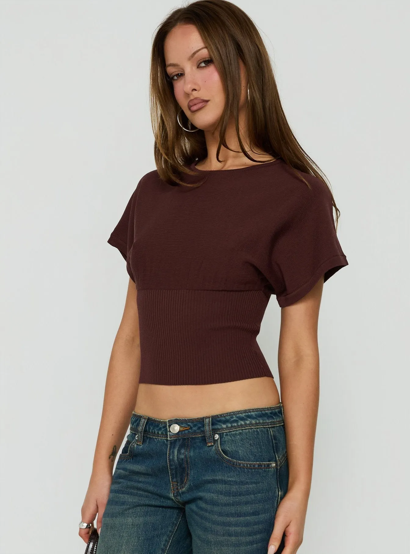 Bowwie Cinched Short Sleeve Knit Top Chocolate sold by Princess Polly product image thumbnail 3