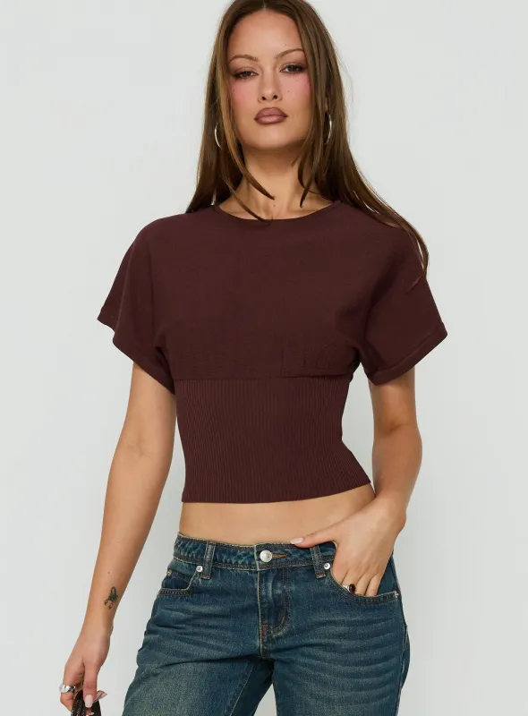 Bowwie Cinched Short Sleeve Knit Top Chocolate made by Princess Polly