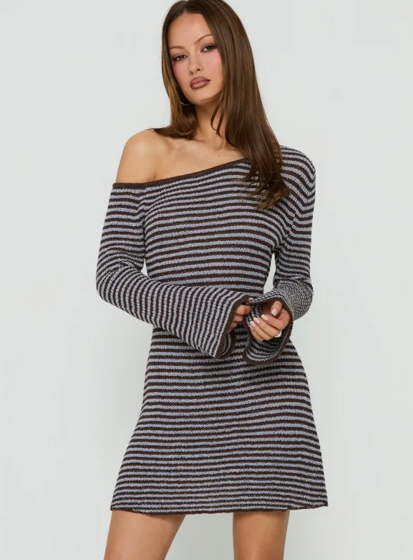 Katileya Off Shoulder Long Sleeve Mini Dress Brown / Blue Stripe made by Princess Polly
