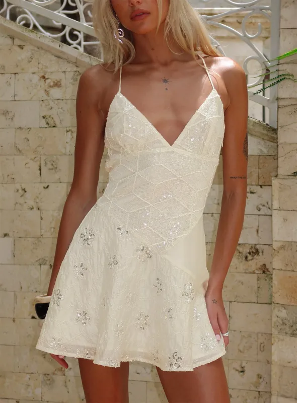 Odelinda Patchwork V Neck Mini Dress Cream Sequin made by Princess Polly